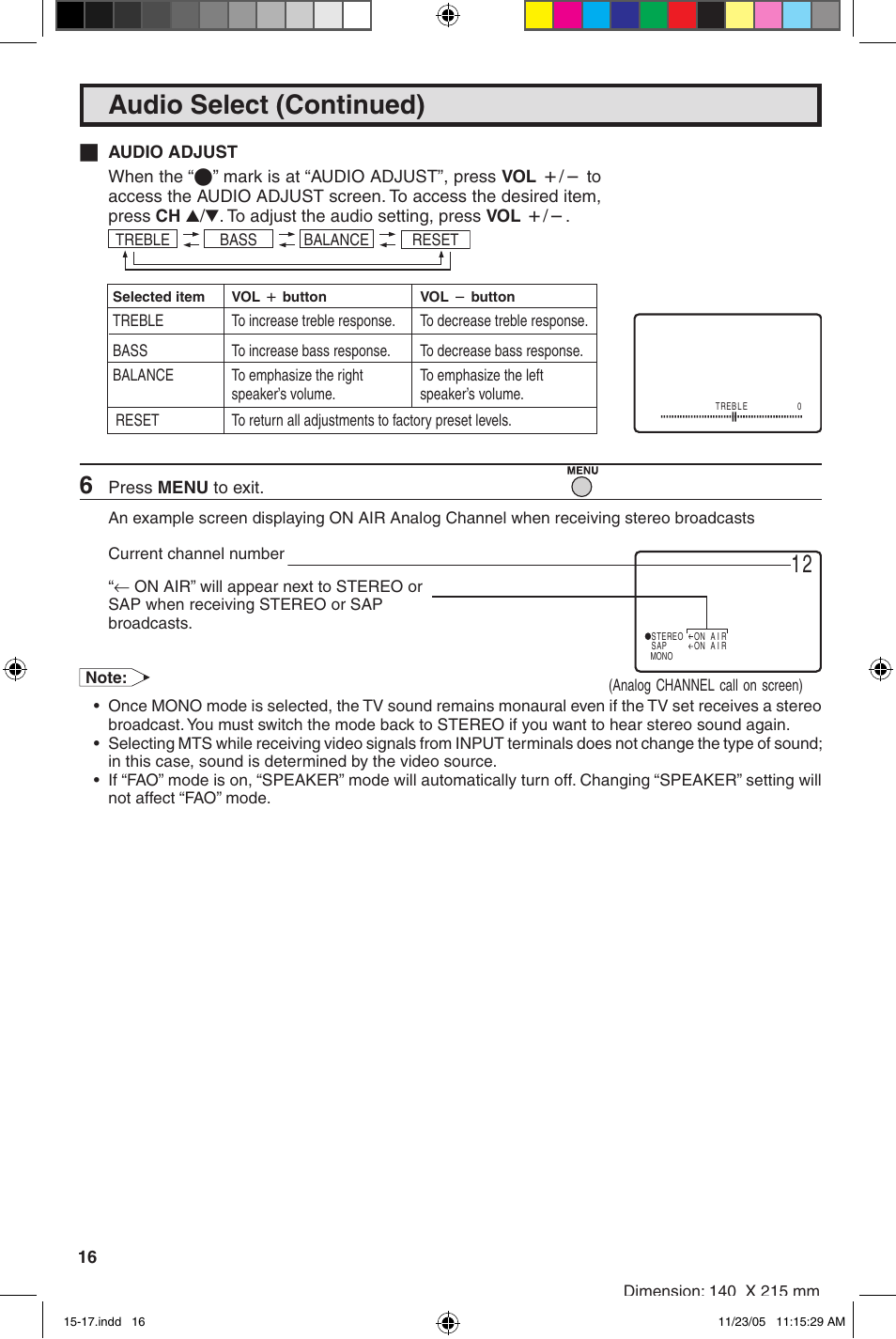 Audio select (continued) | Sharp 27SC260 User Manual | Page 16 / 54