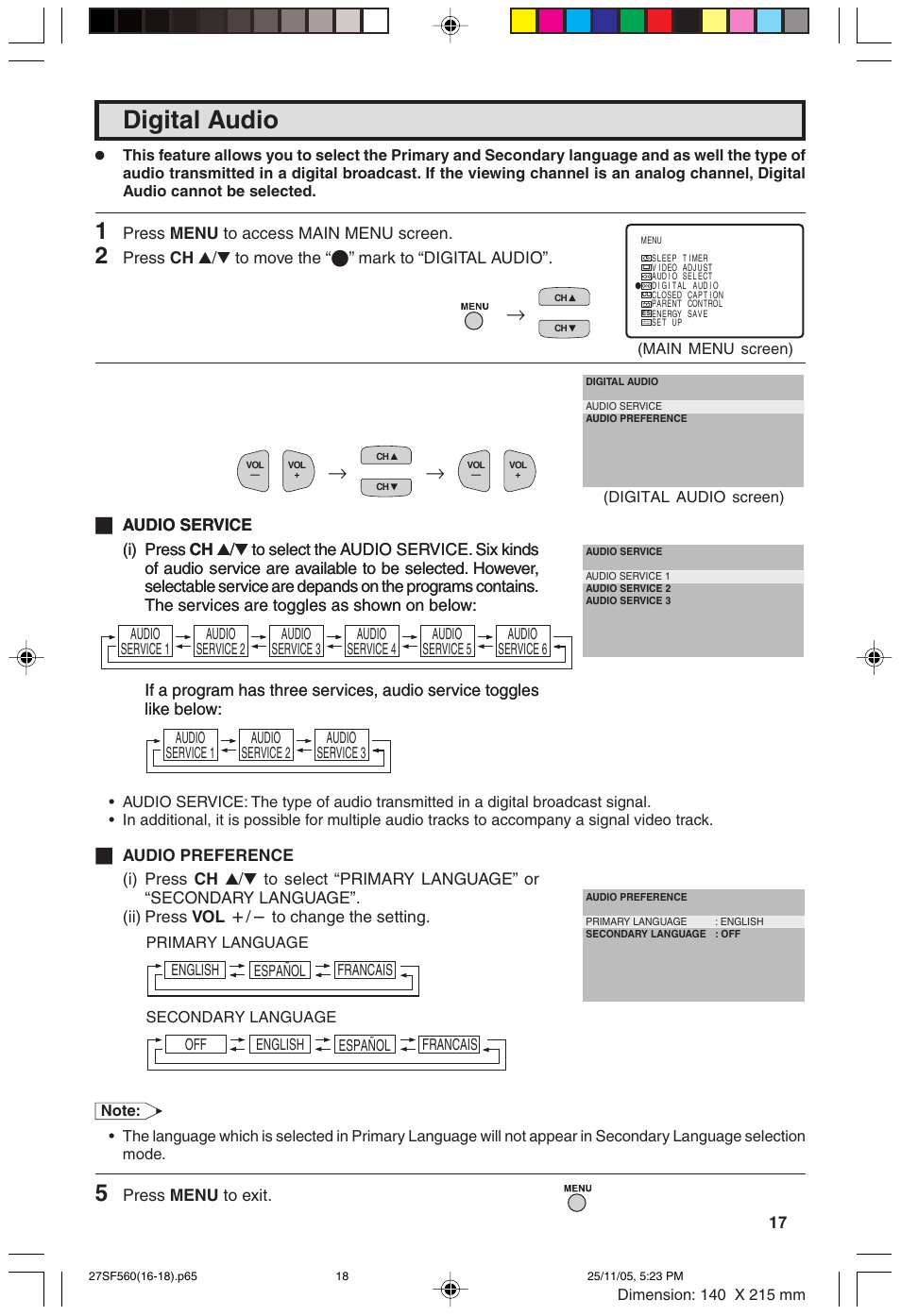 Digital audio | Sharp 27SC260 User Manual | Page 17 / 54