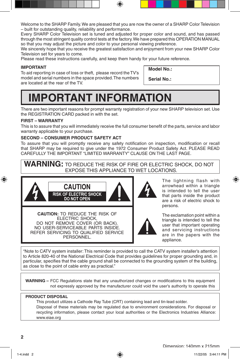 Important information, Warning | Sharp 27SC260 User Manual | Page 2 / 54