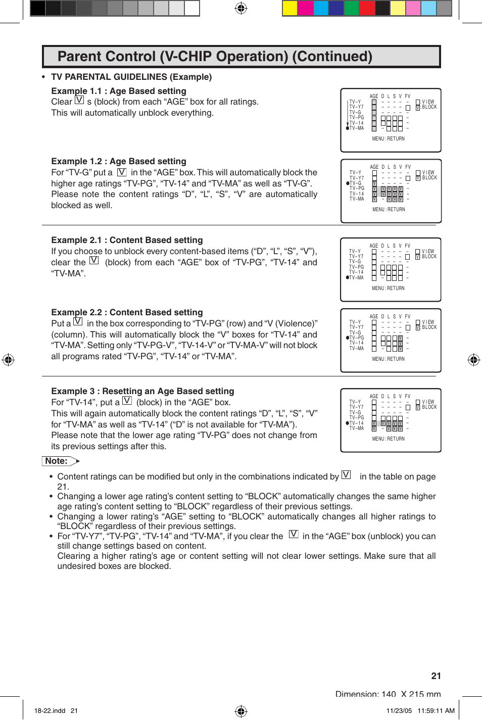 Parent control (v-chip operation) (continued) | Sharp 27SC260 User Manual | Page 21 / 54