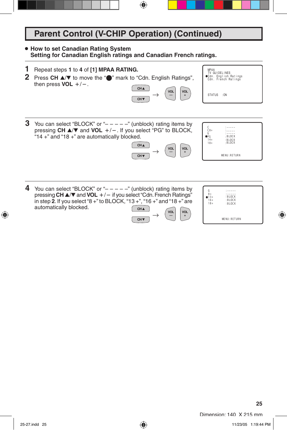 Parent control (v-chip operation) (continued), Repeat steps 1 to 4 of [1] mpaa rating | Sharp 27SC260 User Manual | Page 25 / 54