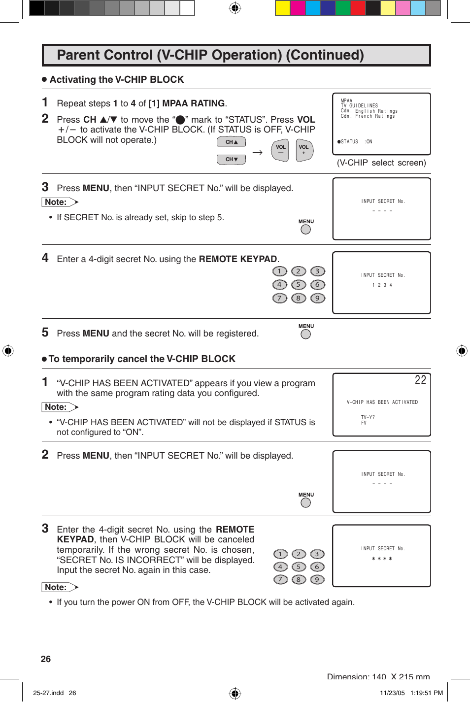 Parent control (v-chip operation) (continued), Activating the v-chip block | Sharp 27SC260 User Manual | Page 26 / 54