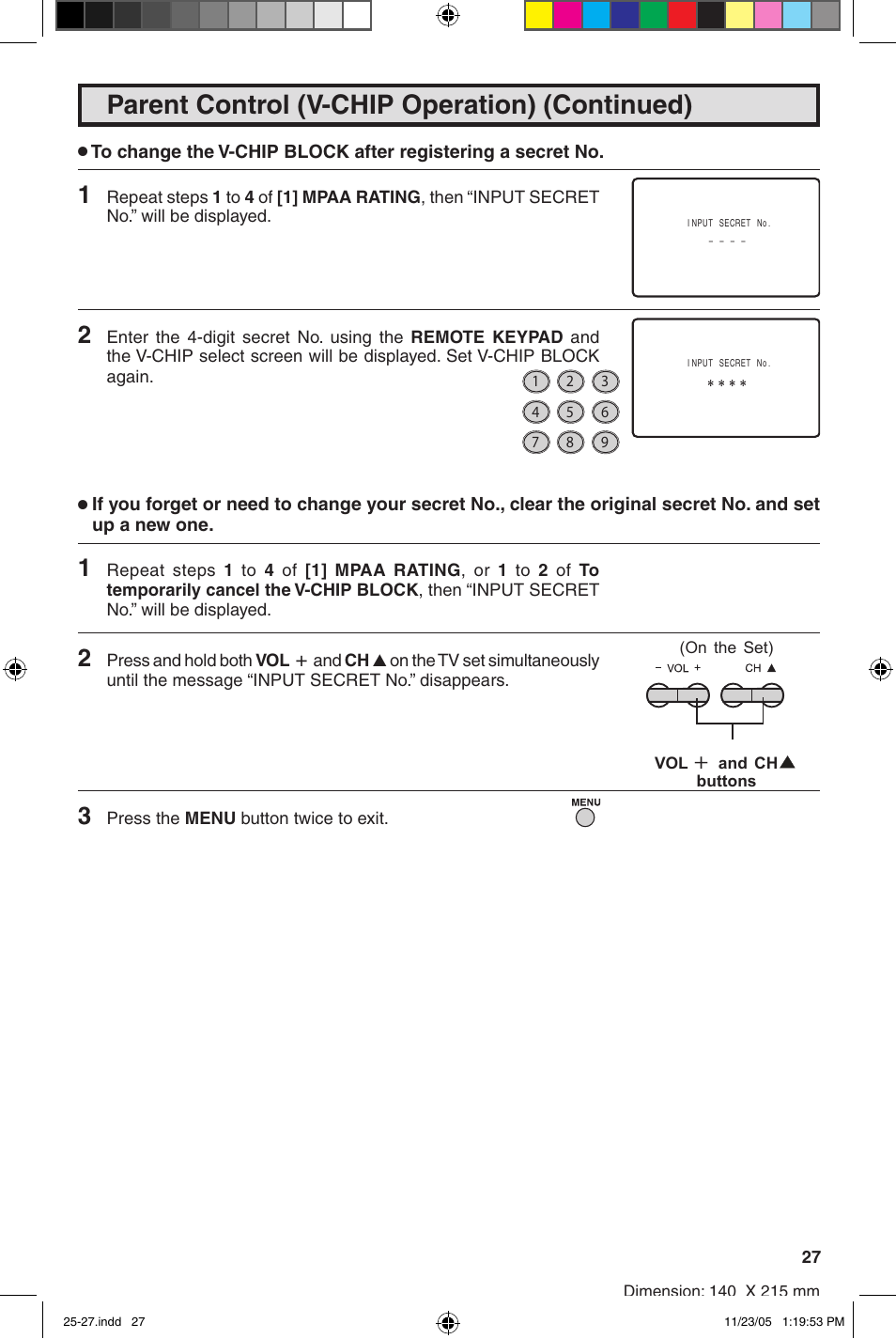 Parent control (v-chip operation) (continued) | Sharp 27SC260 User Manual | Page 27 / 54