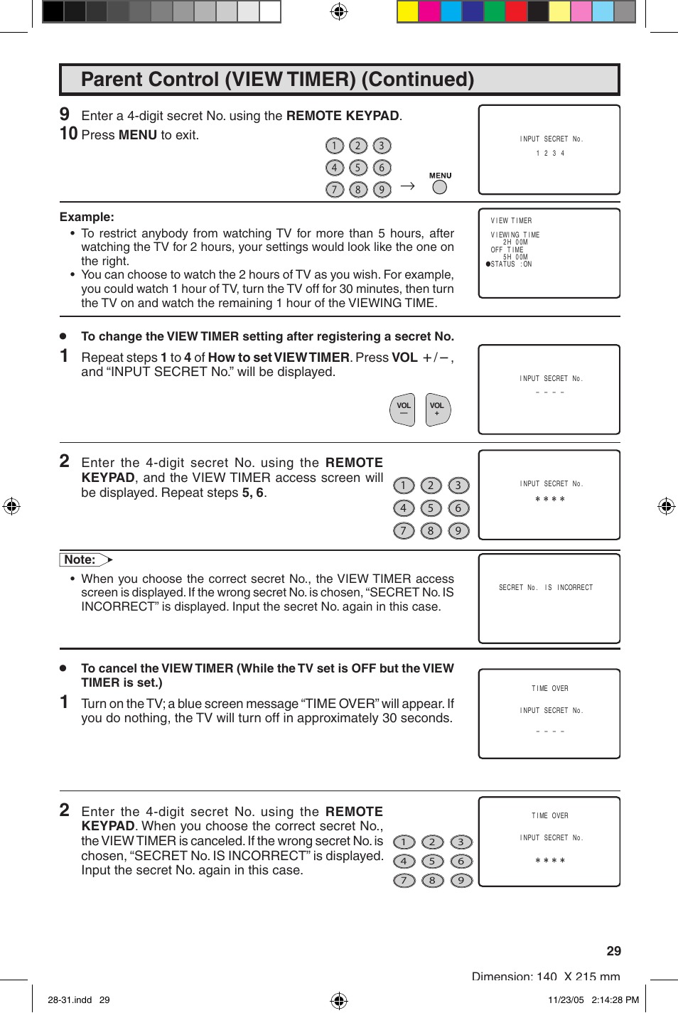 Parent control (view timer) (continued) | Sharp 27SC260 User Manual | Page 29 / 54