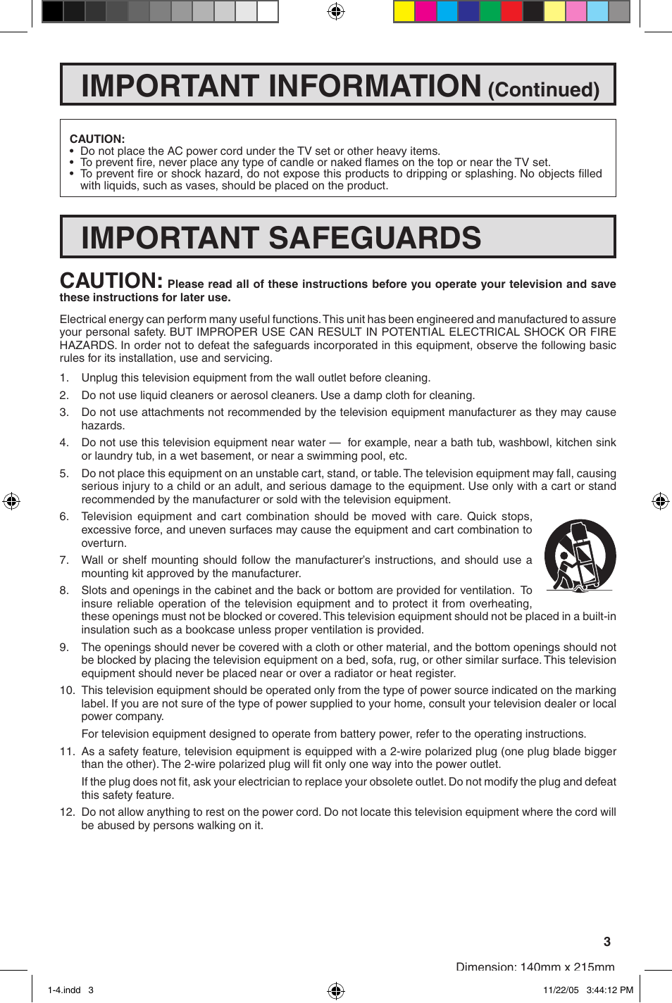 Important information, Important safeguards, Caution | Continued) | Sharp 27SC260 User Manual | Page 3 / 54