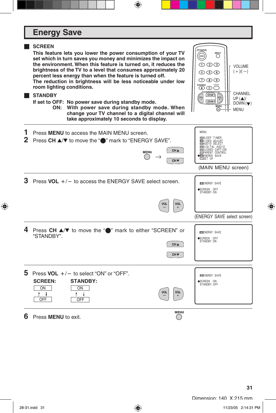 Energy save | Sharp 27SC260 User Manual | Page 31 / 54