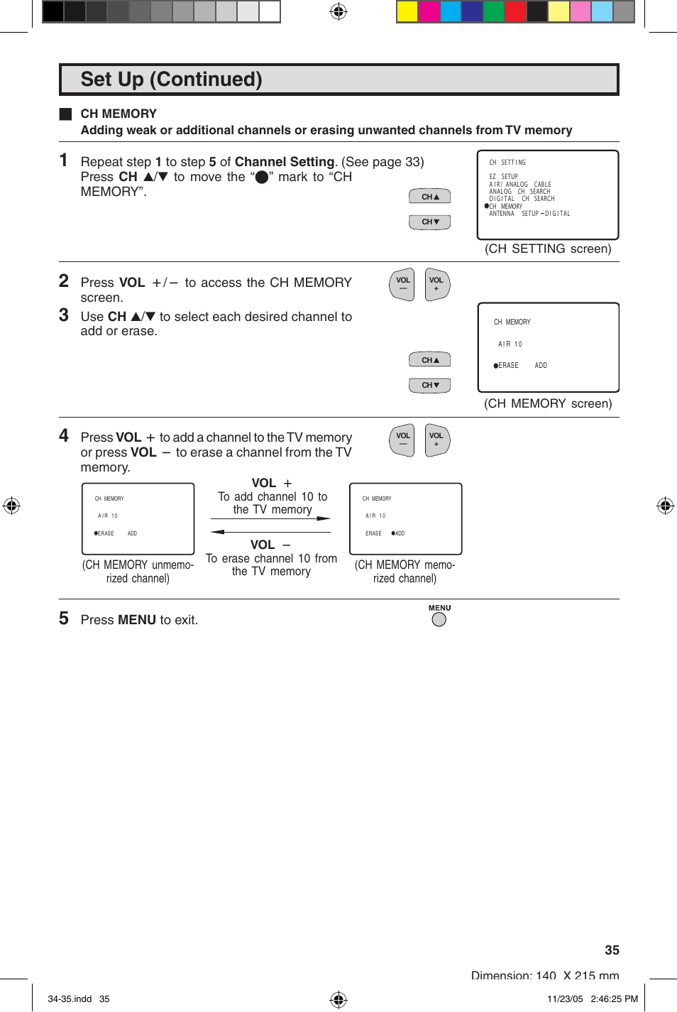 Set up (continued), Press menu to exit | Sharp 27SC260 User Manual | Page 35 / 54