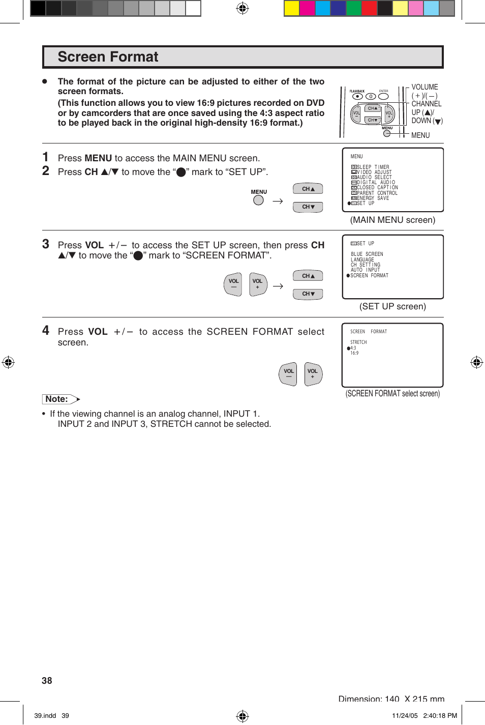 Screen format, Press menu to access the main menu screen, Press ch a/s to move the “e” mark to “set up | Sharp 27SC260 User Manual | Page 38 / 54
