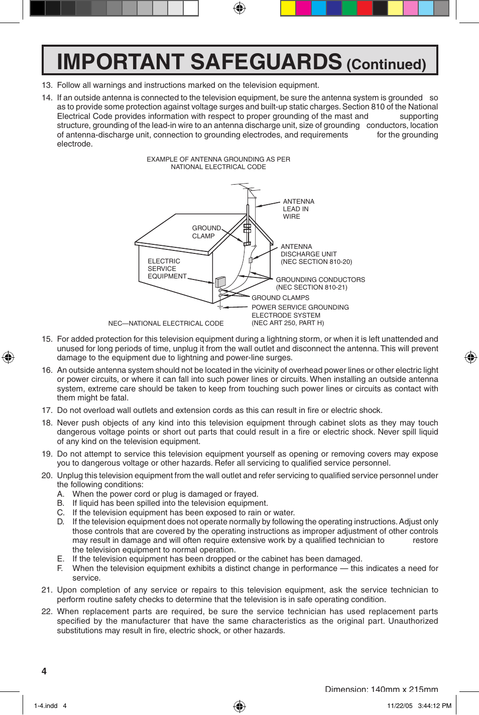 Important safeguards, Continued) | Sharp 27SC260 User Manual | Page 4 / 54