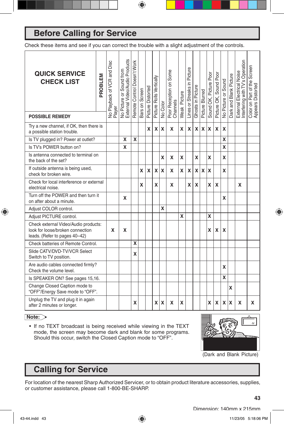 Before calling for service, Calling for service, Quick service check list | Sharp 27SC260 User Manual | Page 43 / 54