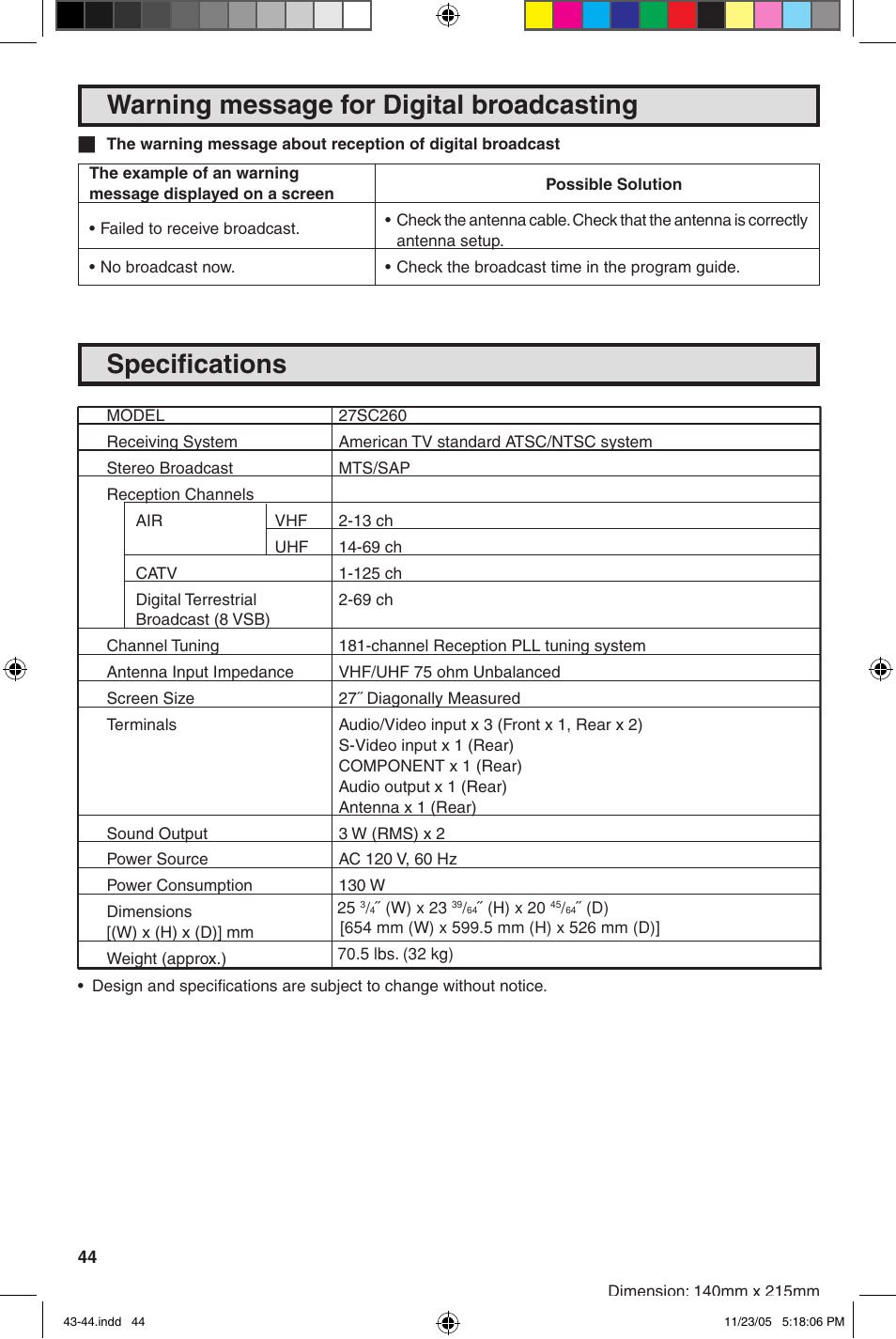 Speciﬁcations, Warning message for digital broadcasting | Sharp 27SC260 User Manual | Page 44 / 54