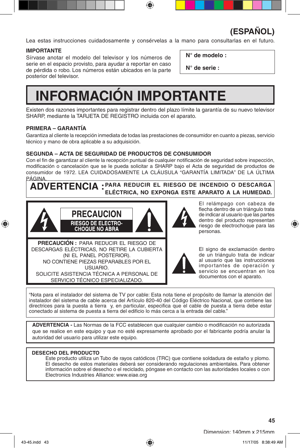 Información importante, Advertencia, Español) | Sharp 27SC260 User Manual | Page 45 / 54