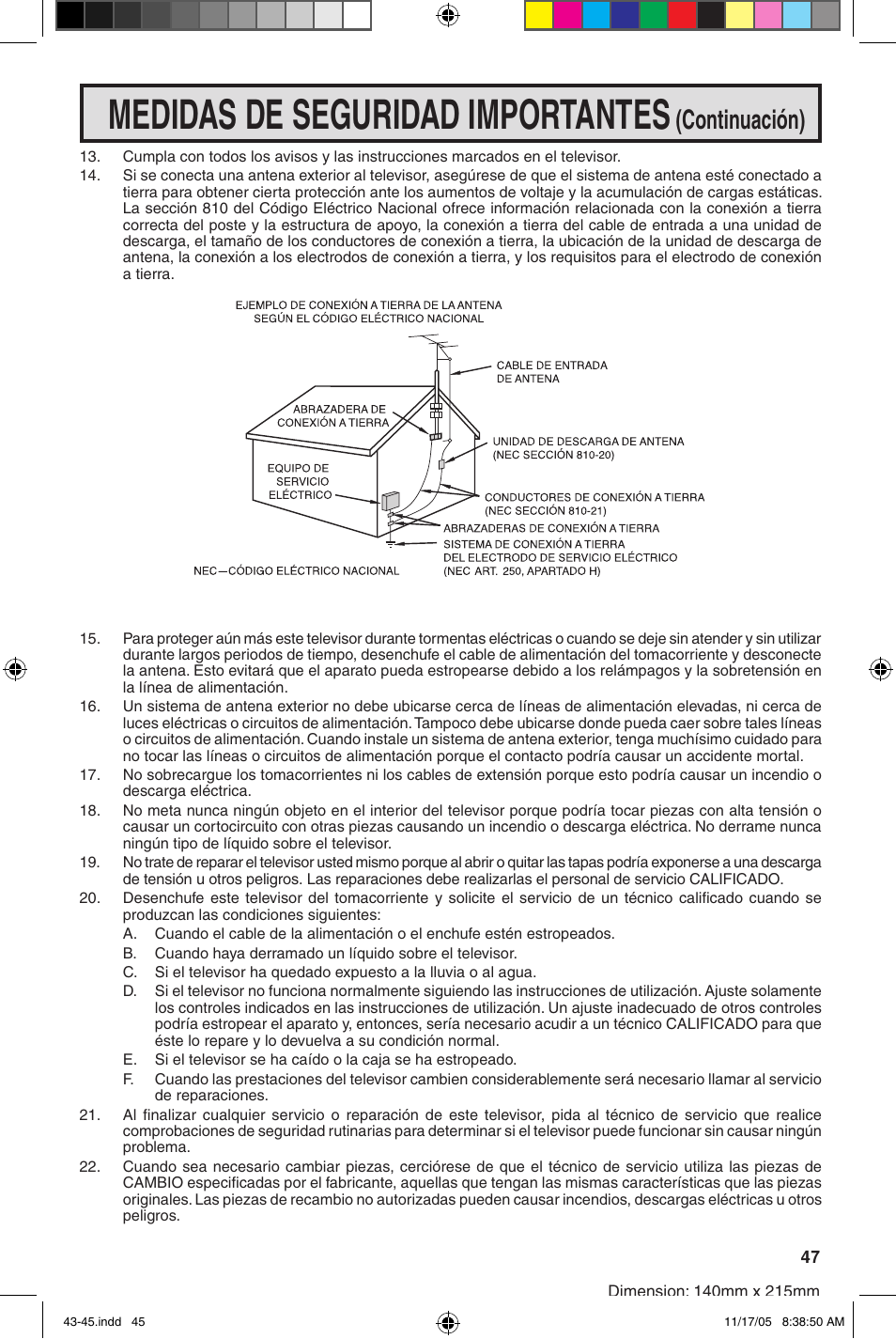 Medidas de seguridad importantes, Continuación) | Sharp 27SC260 User Manual | Page 47 / 54