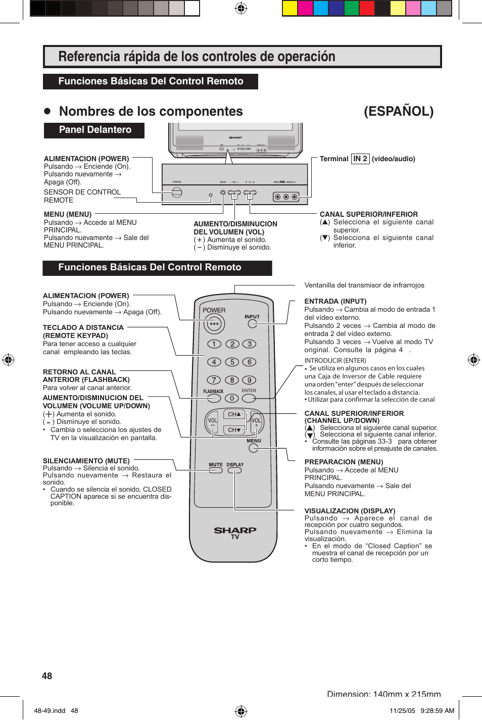 Referencia rápida de los controles de operación, Nombres de los componentes (español), Panel delantero | Funciones básicas del control remoto | Sharp 27SC260 User Manual | Page 48 / 54