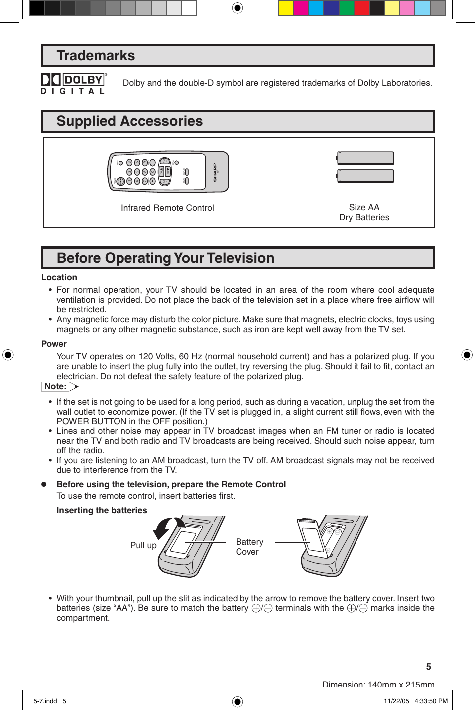 Supplied accessories, Before operating your television, Trademarks | Battery cover pull up | Sharp 27SC260 User Manual | Page 5 / 54