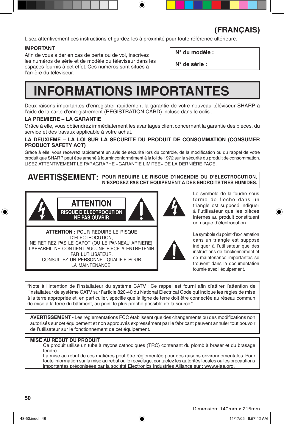 Informations importantes, Avertissement, Français) | Sharp 27SC260 User Manual | Page 50 / 54