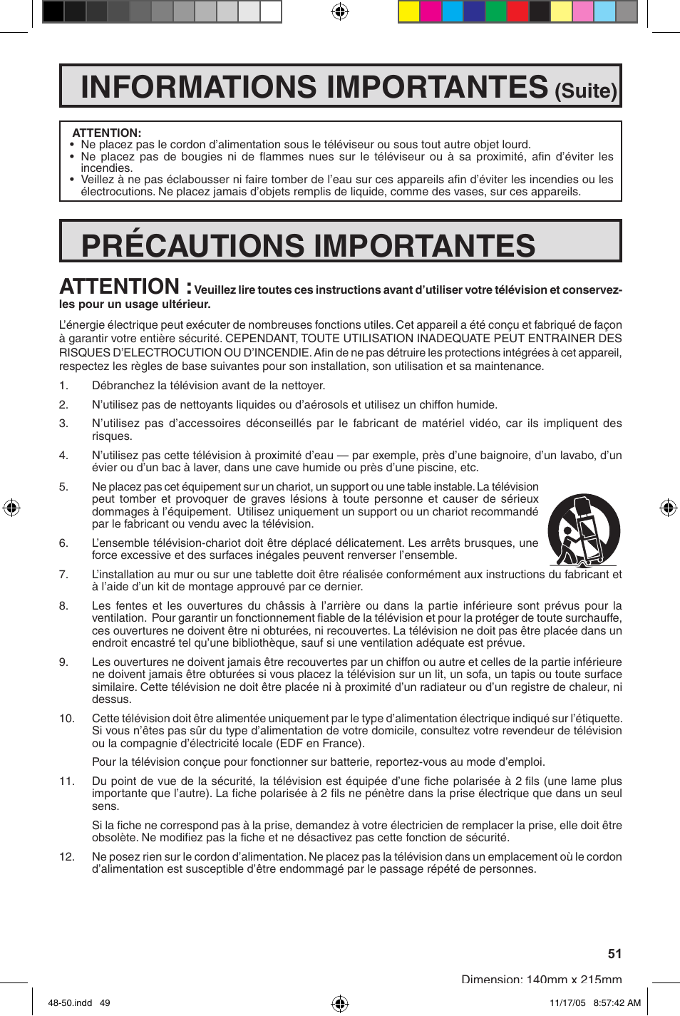 Informations importantes, Précautions importantes, Attention | Suite) | Sharp 27SC260 User Manual | Page 51 / 54