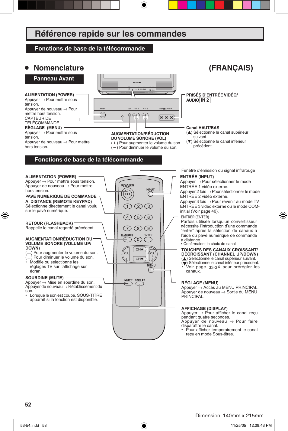 Référence rapide sur les commandes, Nomenclature (français), Panneau avant | Fonctions de base de la télécommande | Sharp 27SC260 User Manual | Page 52 / 54