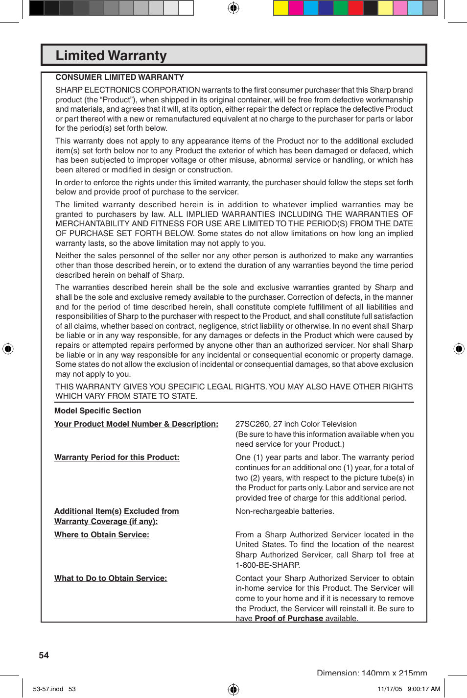 Limited warranty | Sharp 27SC260 User Manual | Page 54 / 54