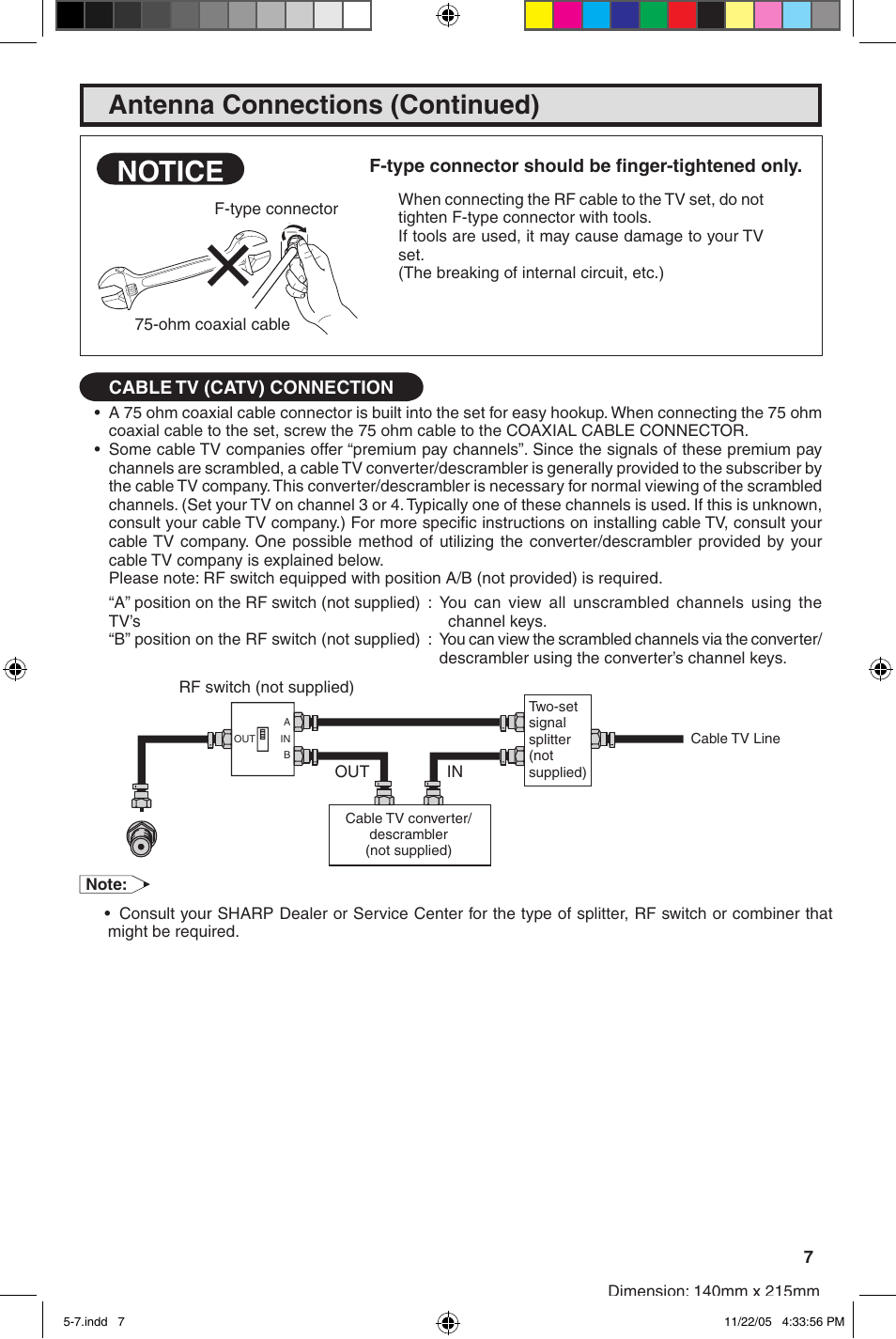 Notice, Antenna connections (continued) | Sharp 27SC260 User Manual | Page 7 / 54