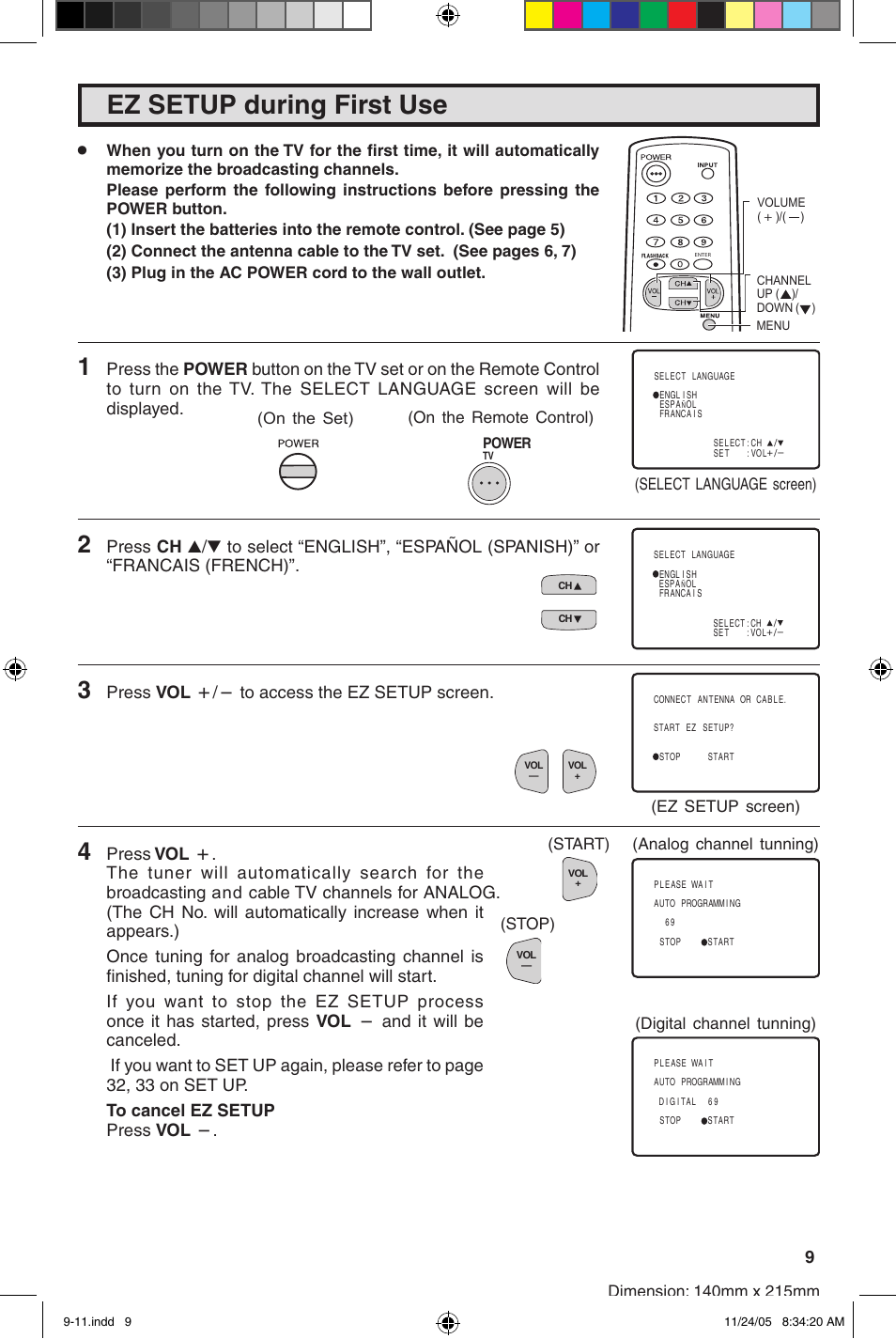 Ez setup during first use, Press vol k/l to access the ez setup screen | Sharp 27SC260 User Manual | Page 9 / 54