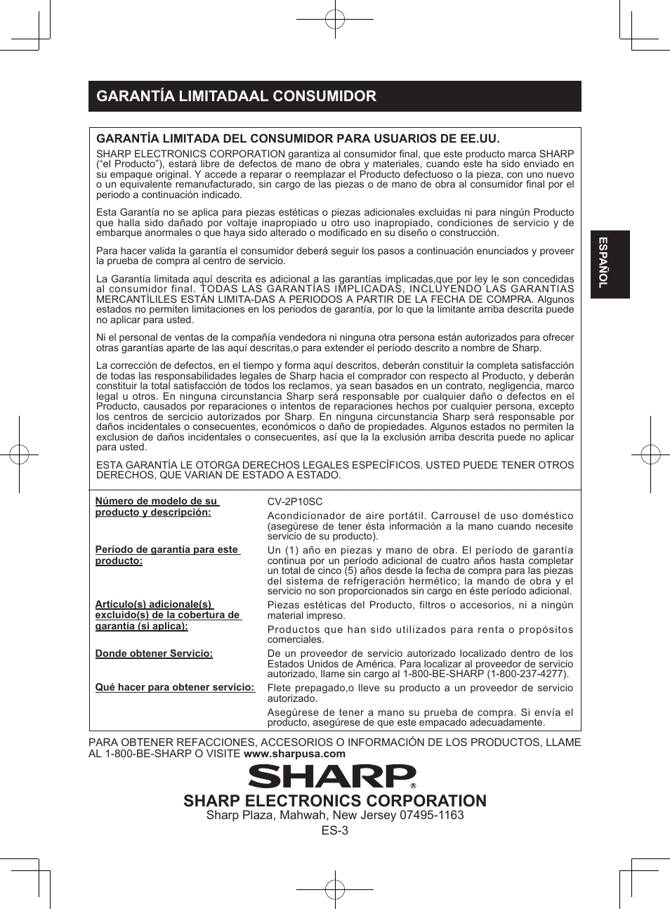 Sharp electronics corporation, Garantía limitadaal consumidor | Sharp CV-2P10SC User Manual | Page 33 / 60