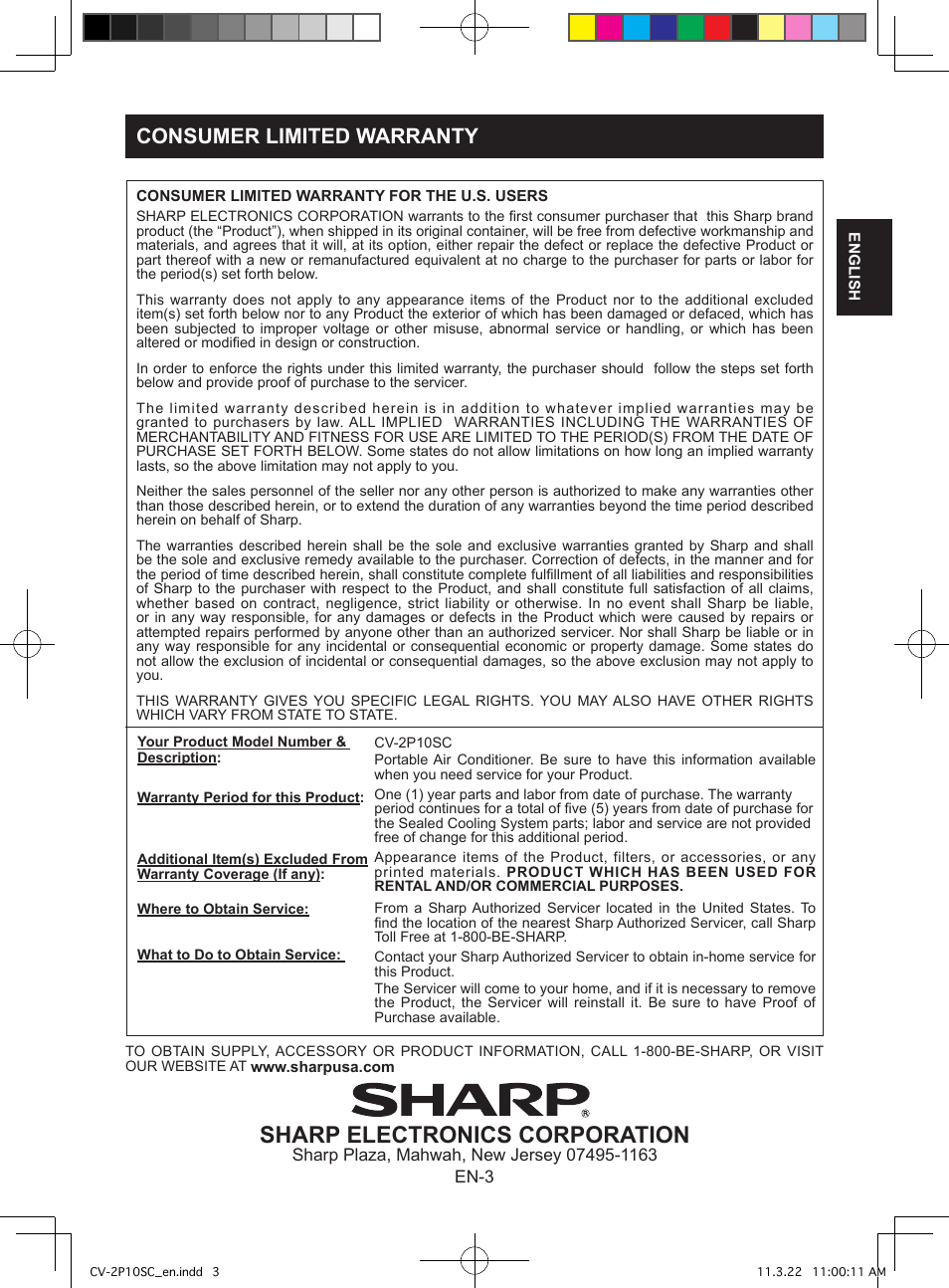 Sharp electronics corporation, Consumer limited warranty | Sharp CV-2P10SC User Manual | Page 5 / 60