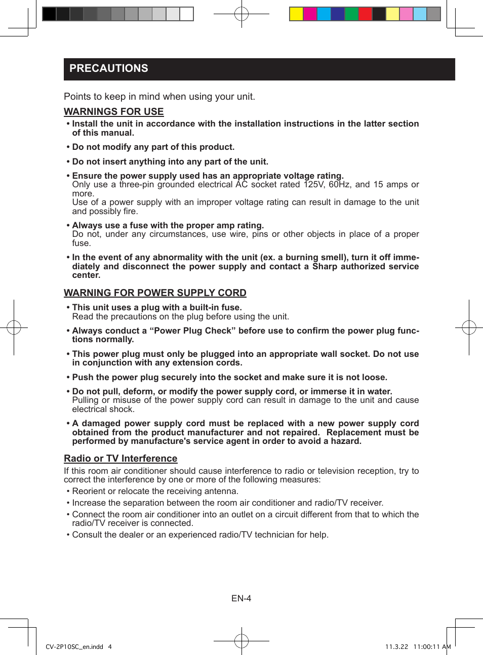 Precautions | Sharp CV-2P10SC User Manual | Page 6 / 60