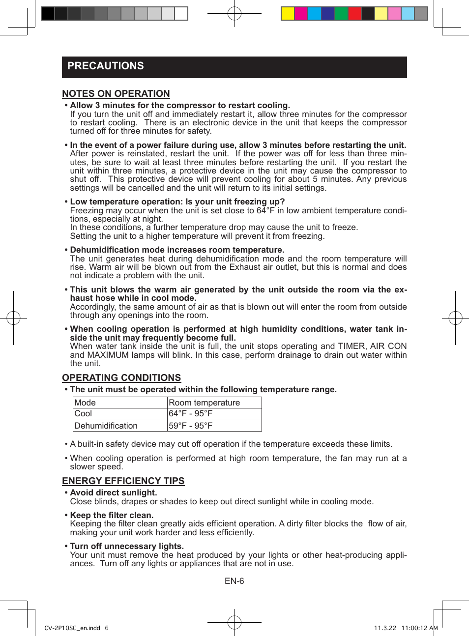 Precautions | Sharp CV-2P10SC User Manual | Page 8 / 60