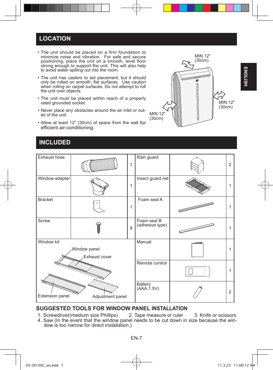 Location included, Suggested tools for window panel installation | Sharp CV-2P10SC User Manual | Page 9 / 60