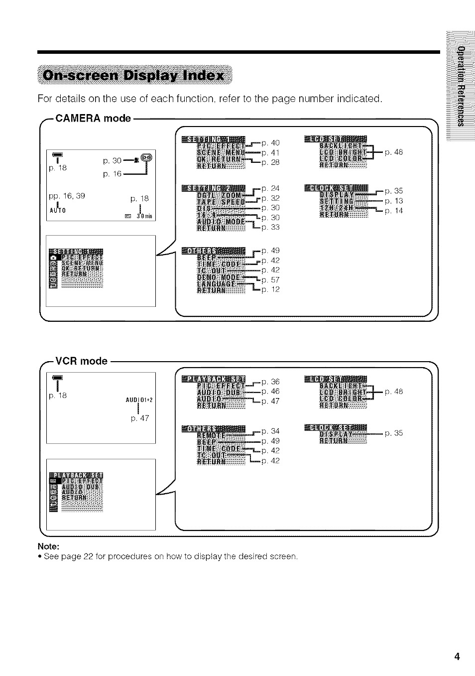 On-screen display index, Camera mode, Vcr mode | Sharp VIEWCAM VL-NZ50U User Manual | Page 17 / 83