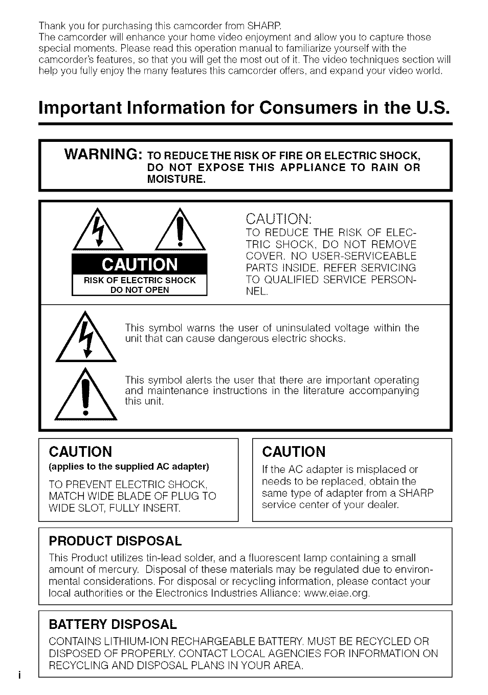 Caution, Important information for consumers in the u.s | Sharp VIEWCAM VL-NZ50U User Manual | Page 2 / 83