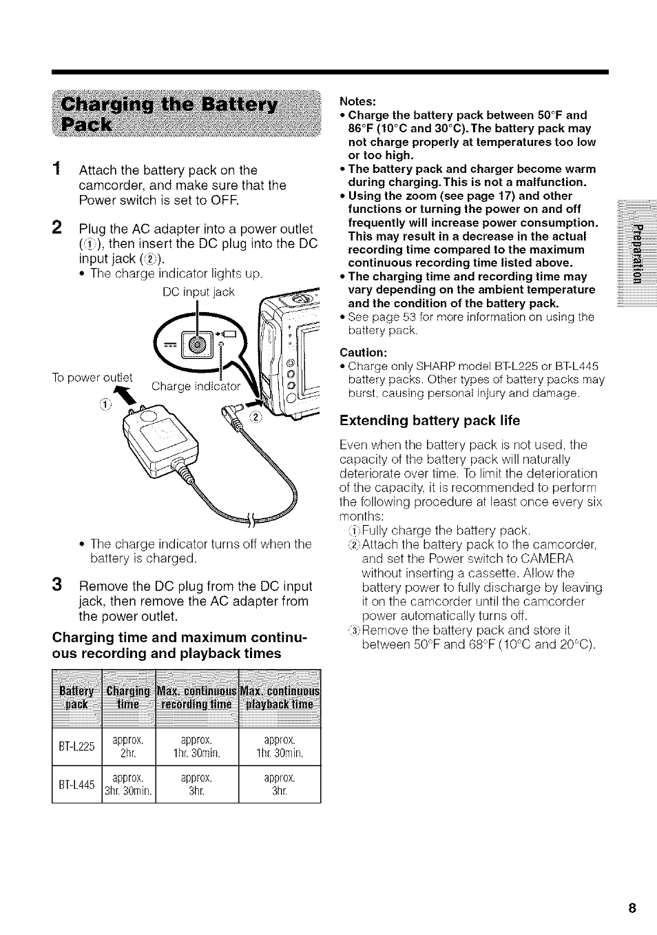 Charging the battery pack, Extending battery pack life | Sharp VIEWCAM VL-NZ50U User Manual | Page 21 / 83