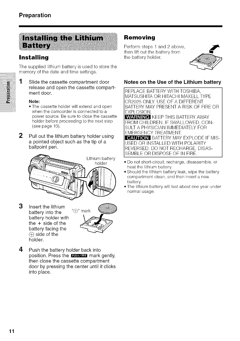 Installing the lithium battery, Installing, Removing | Notes on the use of the lithium battery, Preparation | Sharp VIEWCAM VL-NZ50U User Manual | Page 24 / 83