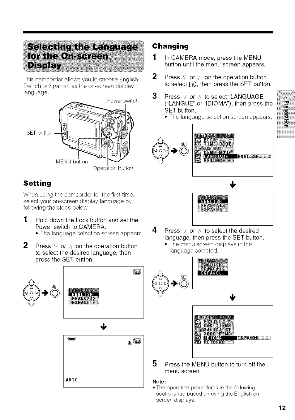 Selecting the language for the on-screen display, Setting, Changing | Sharp VIEWCAM VL-NZ50U User Manual | Page 25 / 83