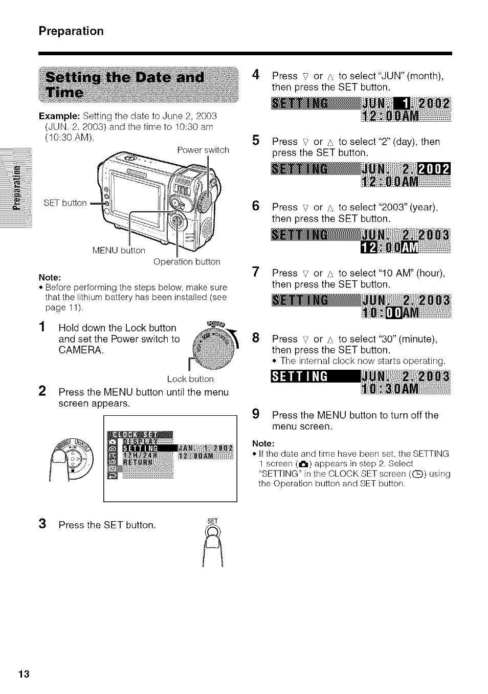 Setting the date and time, Ев:00сс, 1 2 : 0 0 a m | Sharp VIEWCAM VL-NZ50U User Manual | Page 26 / 83