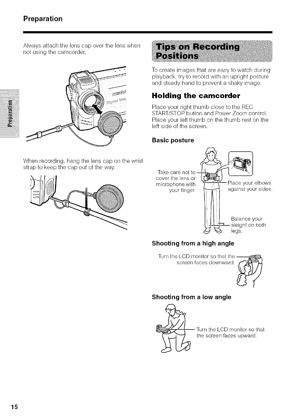 Tips on recording positions, Holding the camcorder, Basic posture | Shooting from a high angle, Shooting from a low angle, Preparation | Sharp VIEWCAM VL-NZ50U User Manual | Page 28 / 83