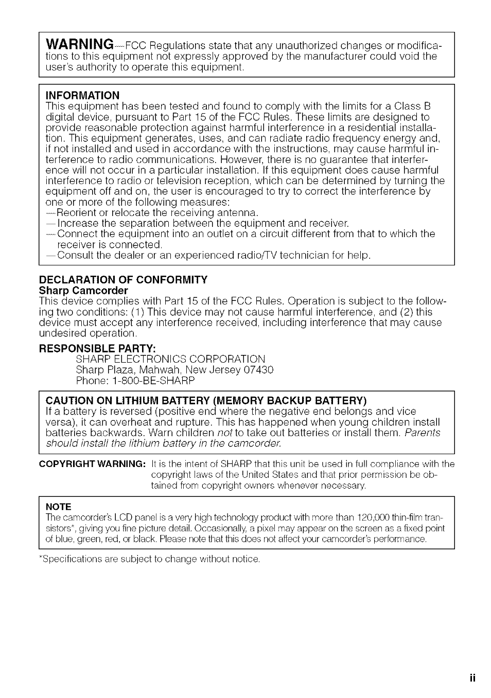 Information, Declaration of conformity sharp camcorder, Responsible party | Warning | Sharp VIEWCAM VL-NZ50U User Manual | Page 3 / 83