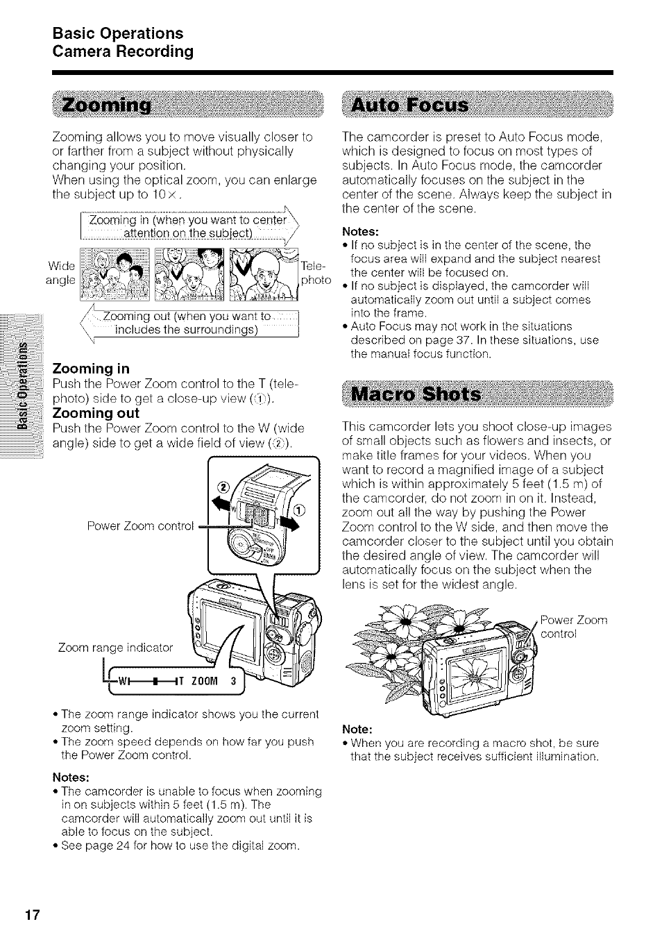 Basic operations camera recording, Zooming, Zooming in | Auto focus, Macro shots | Sharp VIEWCAM VL-NZ50U User Manual | Page 30 / 83