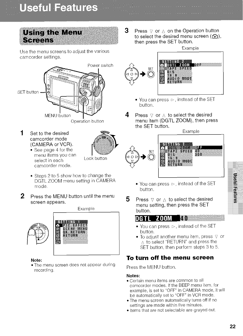 Using the menu screens, To turn off the menu screen | Sharp VIEWCAM VL-NZ50U User Manual | Page 35 / 83