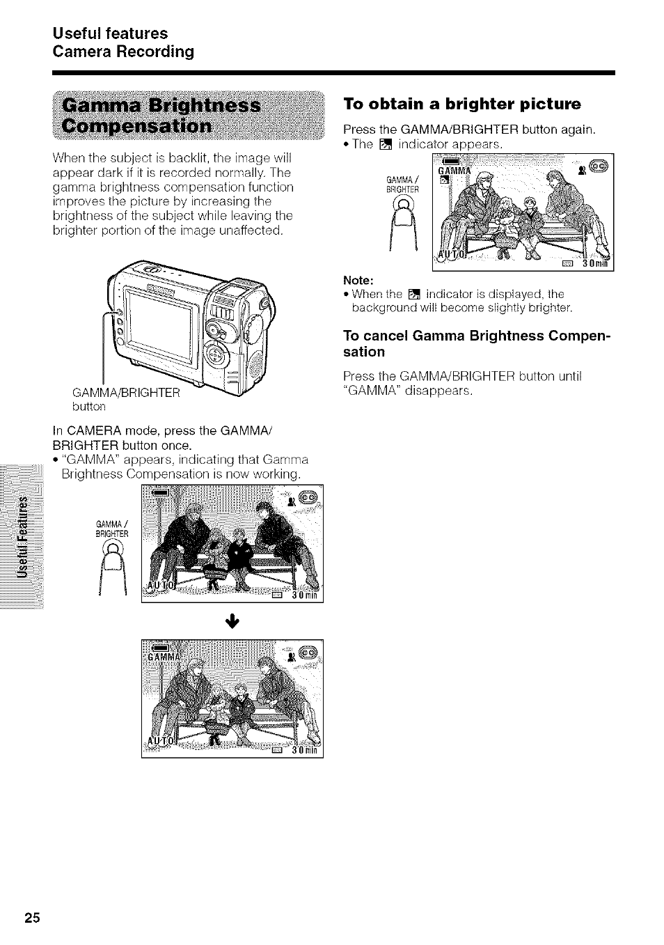 Gamma brightness compensation, To obtain a brighter picture, To cancel gamma brightness compensation | Useful features camera recording | Sharp VIEWCAM VL-NZ50U User Manual | Page 38 / 83