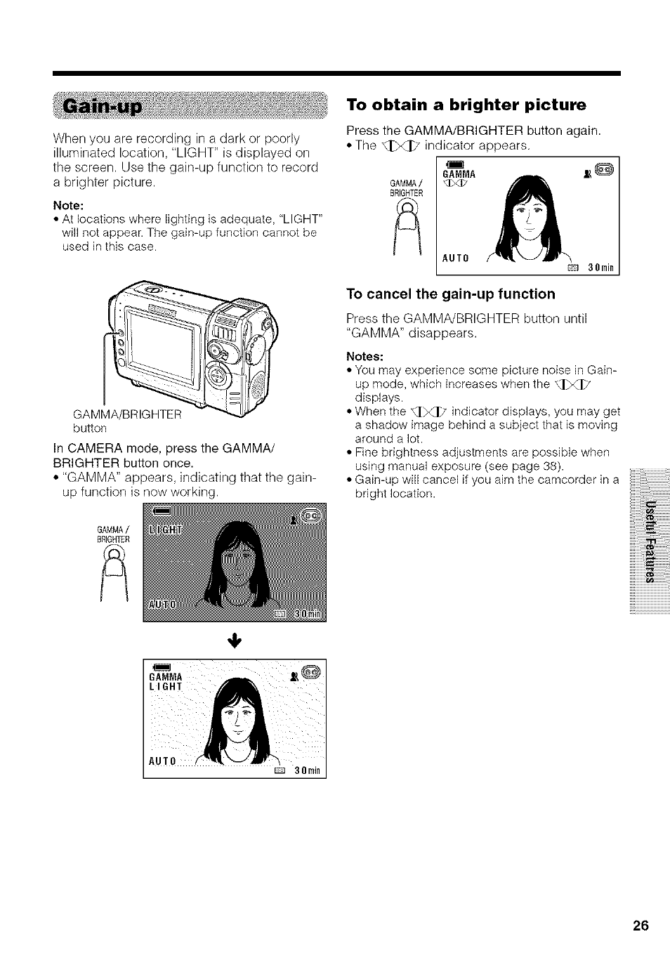 Gain-up, To obtain a brighter picture, To cancel the gain-up function | Sharp VIEWCAM VL-NZ50U User Manual | Page 39 / 83