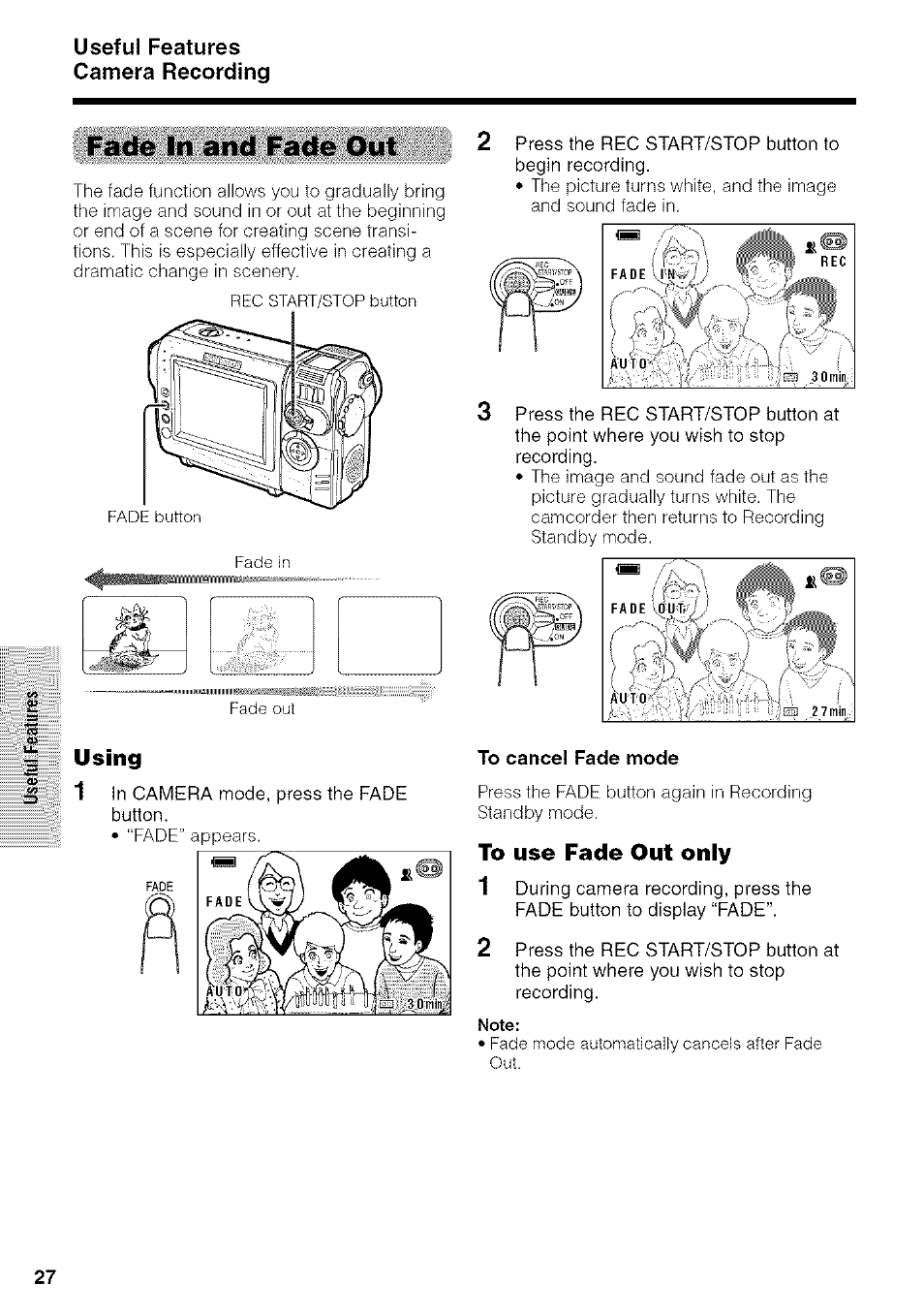 Fade in and fade out, Using, To cancel fade mode | To use fade out only, Useful features camera recording | Sharp VIEWCAM VL-NZ50U User Manual | Page 40 / 83