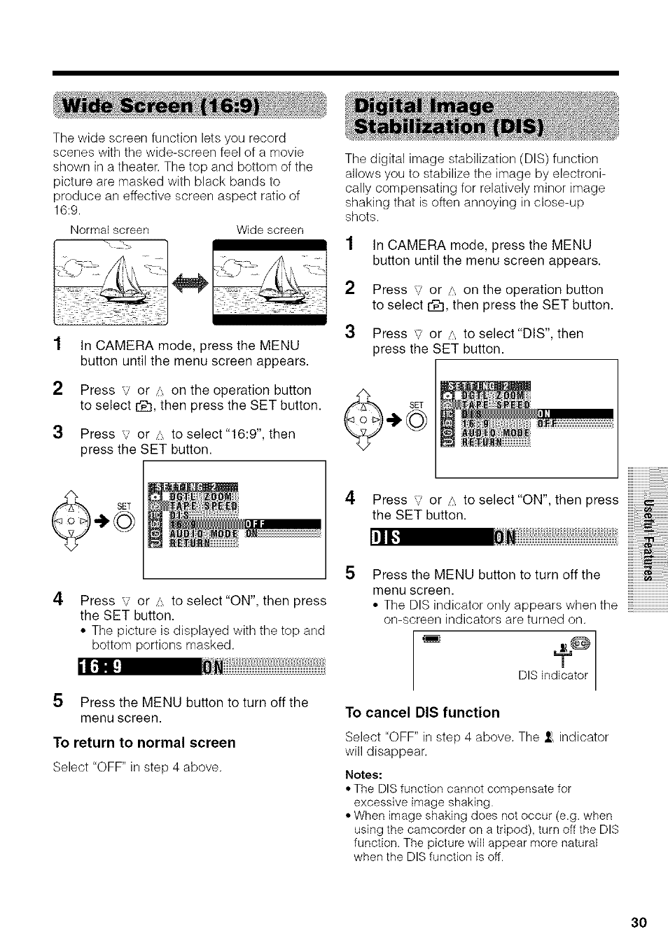 Wide screen (16:9), Digital image stabilization (dis), To cancel dis function | Sharp VIEWCAM VL-NZ50U User Manual | Page 43 / 83