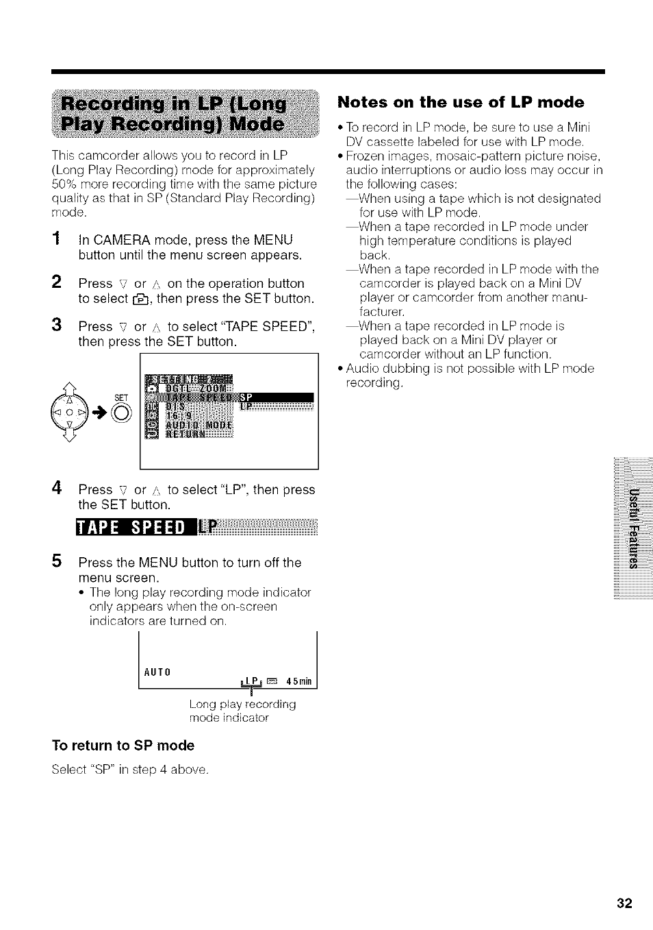 Recording in lp (long play recording) mode, Notes on the use of lp mode, To return to sp mode | Tape spe | Sharp VIEWCAM VL-NZ50U User Manual | Page 45 / 83