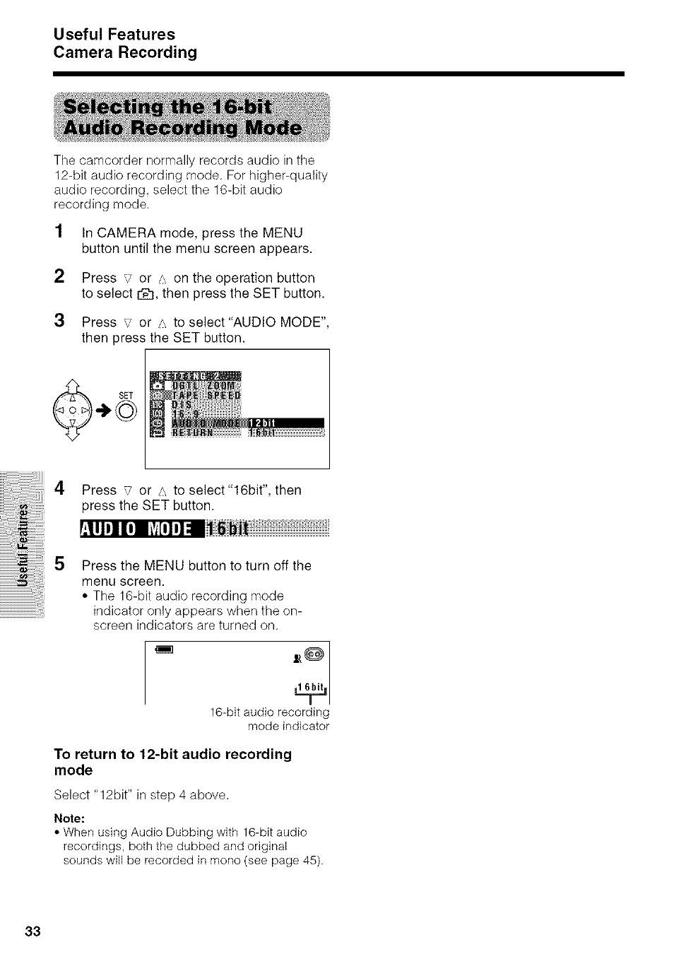 Selecting the 16-bit audio recording mode, To return to 12-bit audio recording mode | Sharp VIEWCAM VL-NZ50U User Manual | Page 46 / 83