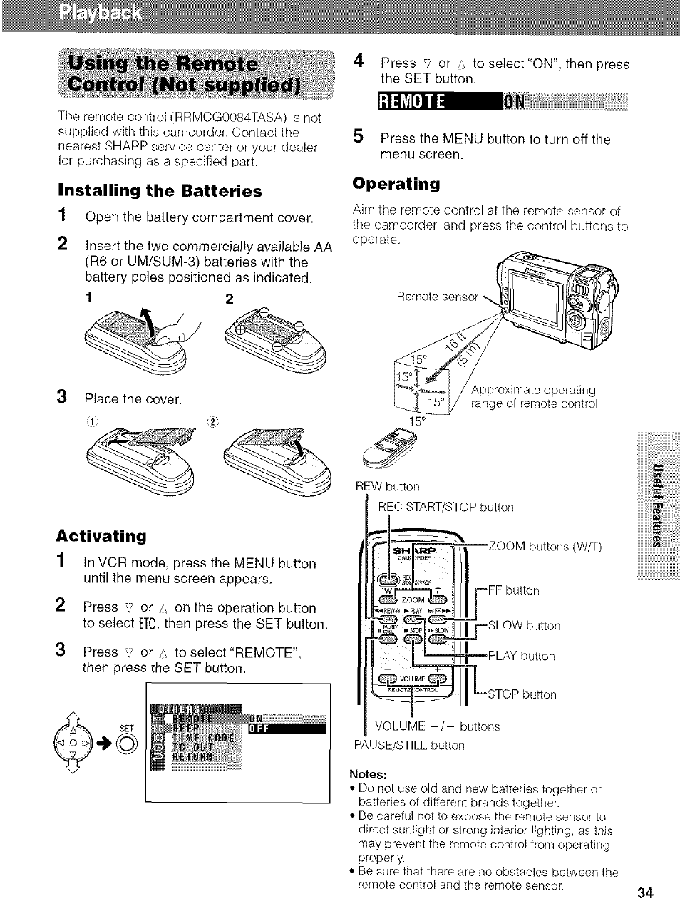 Using the remote control (not supplied), Installing the batteries, Activating | Remote, Operating, Remote ion | Sharp VIEWCAM VL-NZ50U User Manual | Page 47 / 83