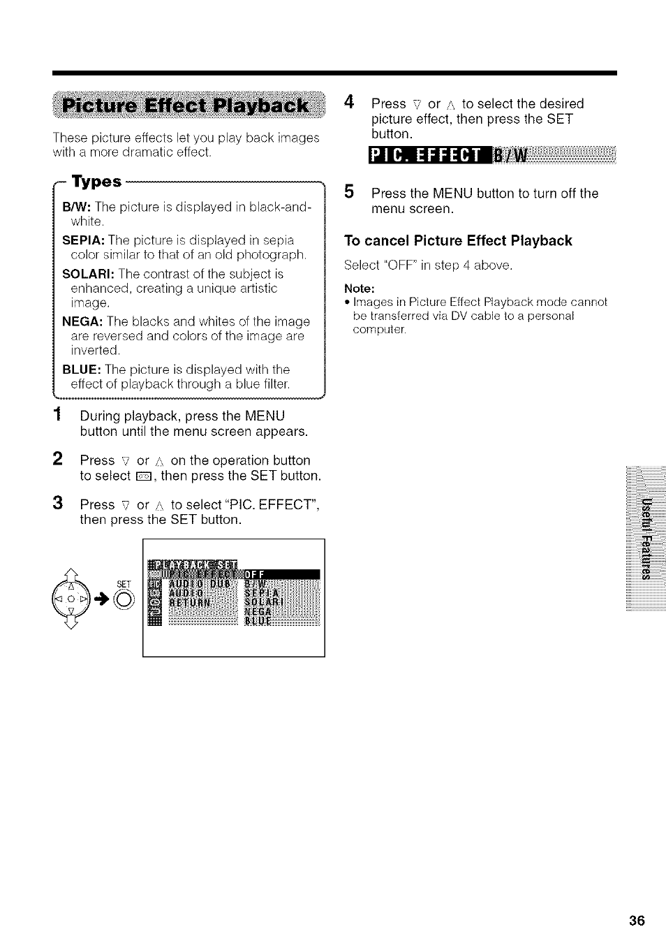 Picture effect playback, Types, To cancel picture effect playback | Pic. effect | Sharp VIEWCAM VL-NZ50U User Manual | Page 49 / 83