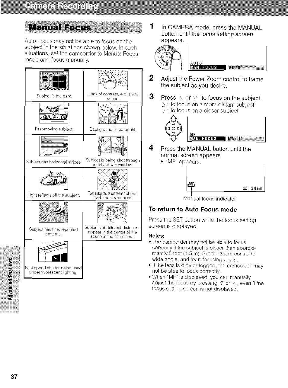 Manual focus, To return to auto focus mode | Sharp VIEWCAM VL-NZ50U User Manual | Page 50 / 83