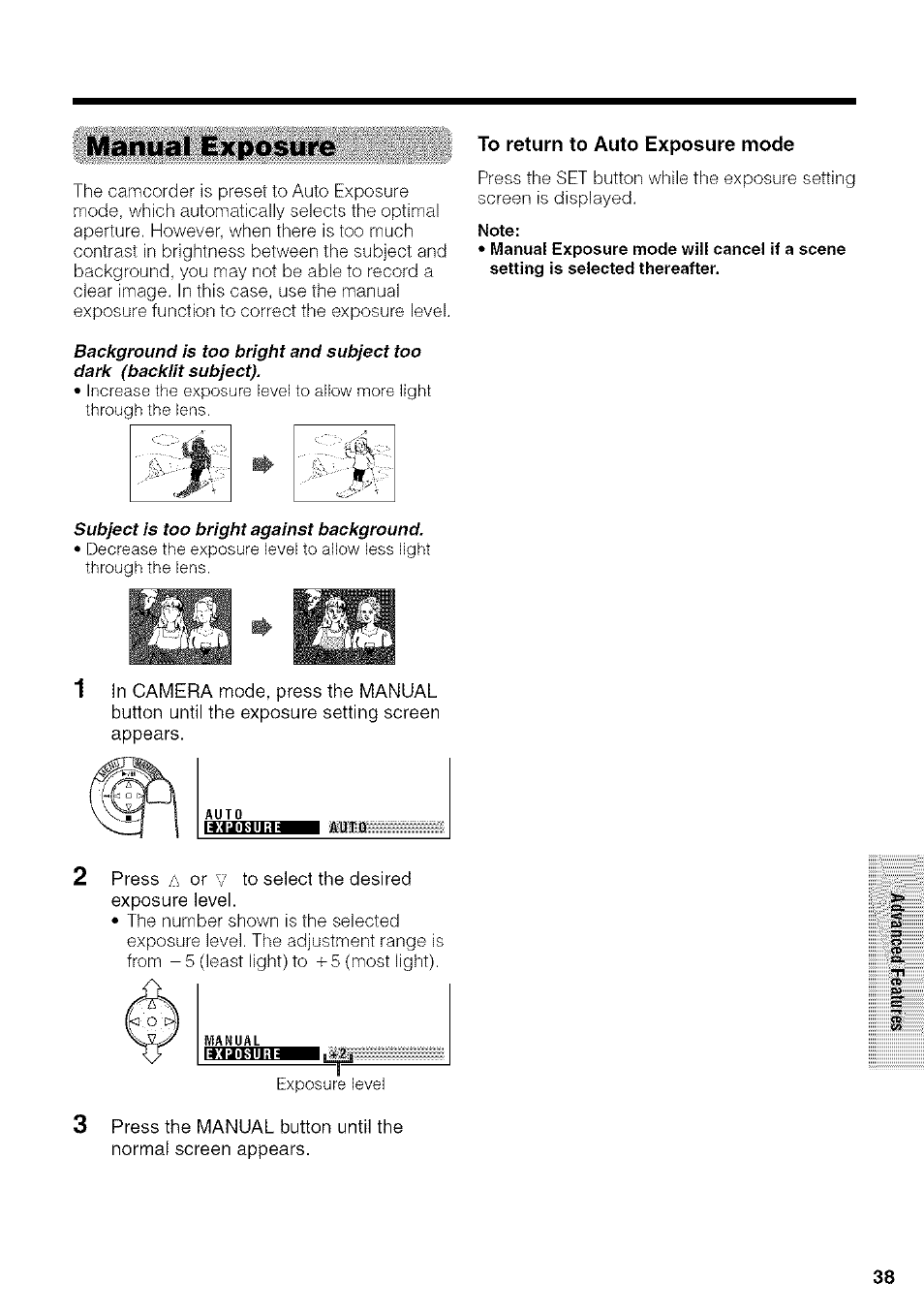 Manual exposure, To return to auto exposure mode | Sharp VIEWCAM VL-NZ50U User Manual | Page 51 / 83